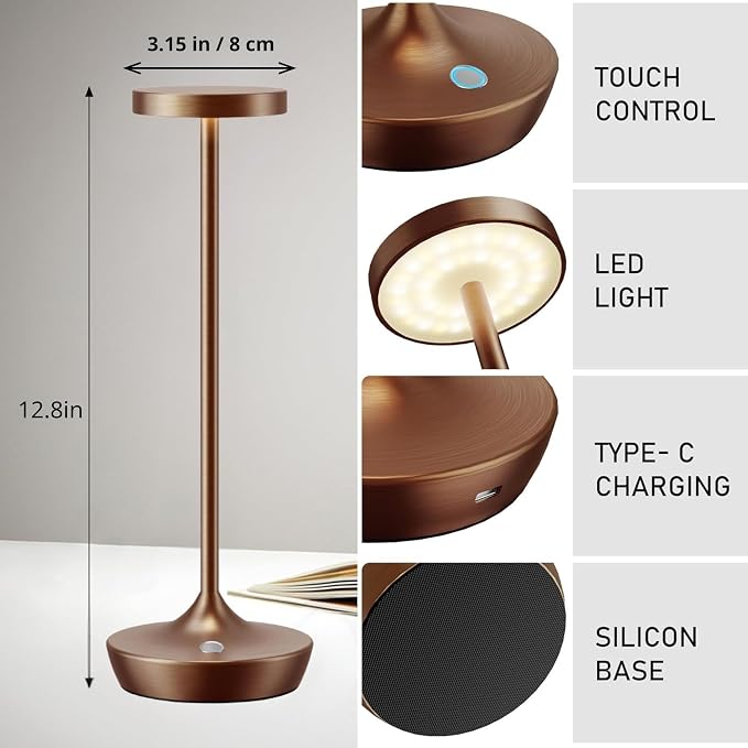 Brown Cordless Table Lamp, Rechargeable 6000mAh Battery Powered LED Desk Lamp, Portable Metal Touch Lamp with 3-Level Dimming, Waterproof for Restaurant, Dining, Patio, Home Decor (2 Brown)