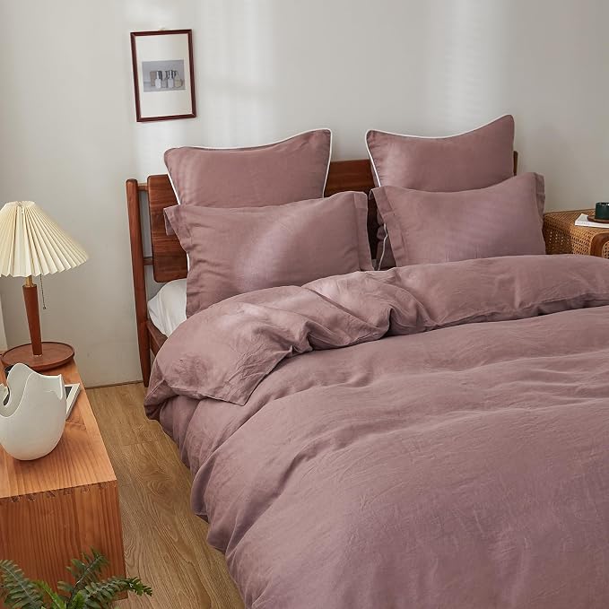 Simple&Opulence 100% Linen Duvet Cover Set, 3 PCS Natural French Flax Purple Duvet Cover Full Size, Breathable Soft Comfy Linen Bedding Comforter Cover with 2 Pillowcases(Purple, 78"x86")