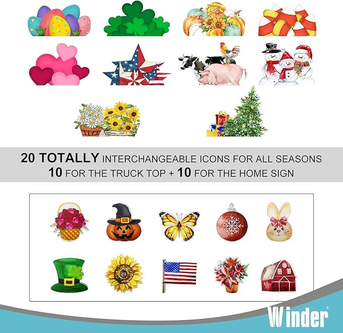 Winder 20Pcs Interchangeable Welcome Sign for Front Door,Seasonal Red Truck Decor Hanging Sign for Valentines,Easter, Independence Day,Halloween,Christmas Home Decor,Housewarming Gift