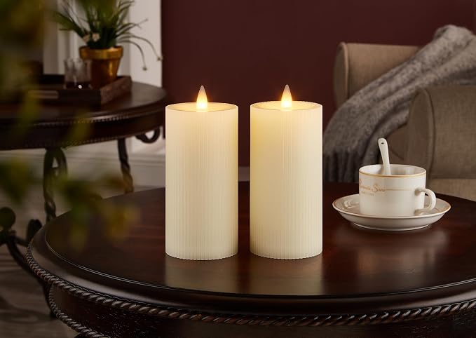 Flameless Pillar Candles Flickering with Remote Timer, Battery Operated LED Candles Up to 400 Hours, 3D Moving Flame Real Wax Candles. (Ivory Vertical Stripe-2 Pack)