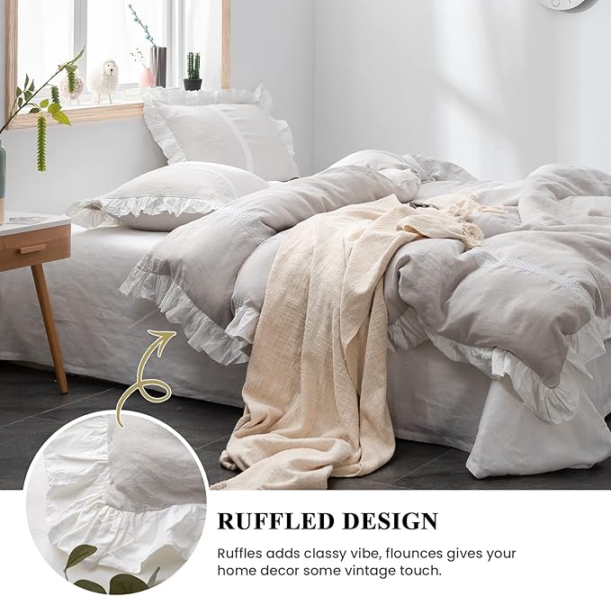 Simple&Opulence 100% Linen Duvet Cover Set (104"x92") Floral Flax King Size, Shabby Chic Ruffle Edge Lace Insert Decoration, 3 Pcs Farmhouse Bedding-1 Comforter Cover 2 Pillow Shams, Floral Grey