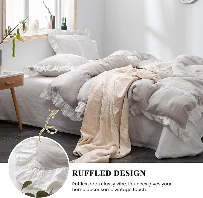 Simple&Opulence 100% Linen Duvet Cover Set (68''x86'') Frill Floral Flax Twin Size, Shabby Chic Ruffle Edge Lace Insert Decoration, 2 Pcs Farmhouse Bedding-1 Comforter Cover 1 Pillow Sham, Floral Grey