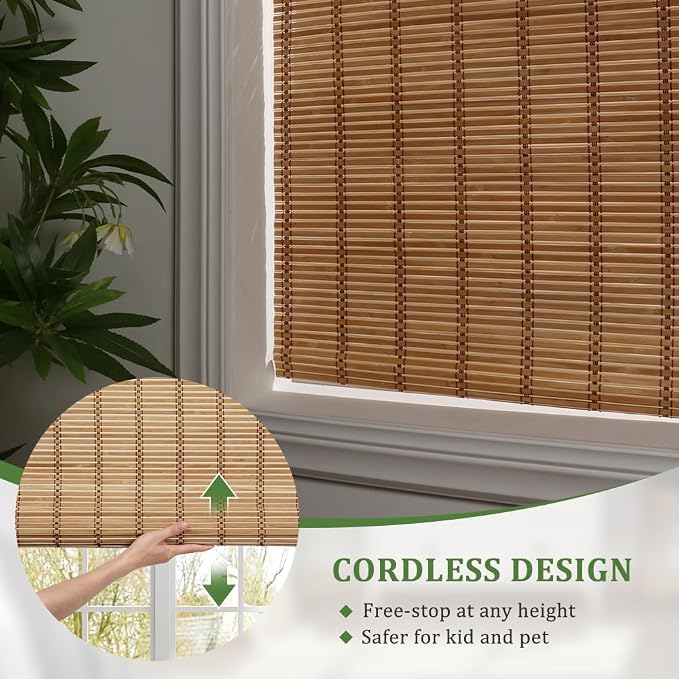 SEEYE Cordless Bamboo Blinds Shades, Light Filtering Bamboo Roller Shades Natural Roman Blind Shade, Roll Up Blind for Windows, Easy to Install for Door, Bedroom, 43" W x 64" H,Natural