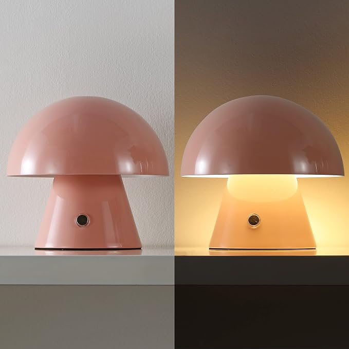 JONATHAN Y 7" Pink Rechargeable Cordless Mushroom Table Lamp, Portable LED Nightstand Lamp for Bedroom Living Room, Metal Shade, 3-Way Dimmable Touch Sensor Modern Accent (JYL7116D)