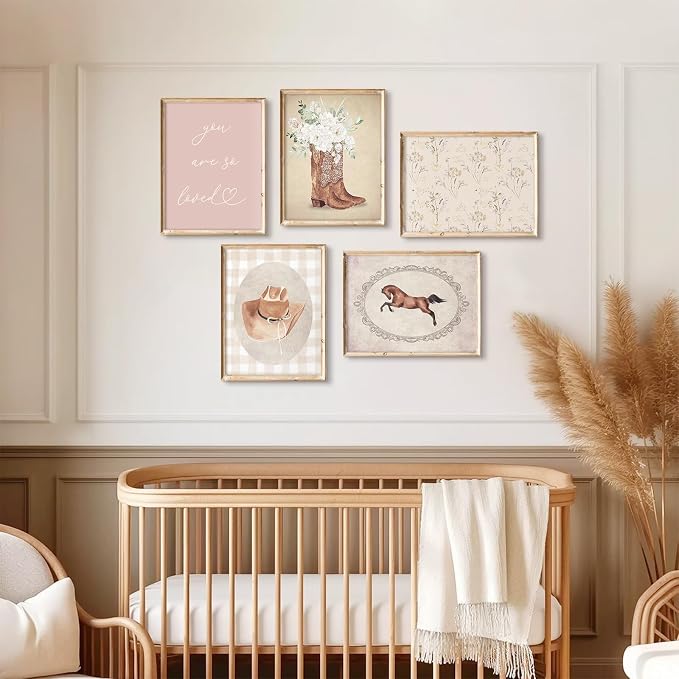 Tocliky Cowgirl Nursery Wall Art Coquette Western Girl Poster Vintage Horse Floral Canvas Pictures Aesthetic Pink Preppy Room Wall Decor Rustic Cowgirl Prints for Girls Bedroom 8x10x5 Inch Unframed