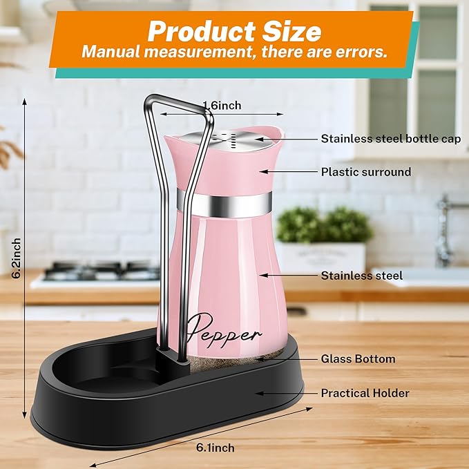 Pink Salt and Pepper Shakers Set with Holder,4 oz Kitchen Decor and Accessories Home Essentials Cute Household Items for Mother's Day Housewarming Gift Refillable Design (Pink)