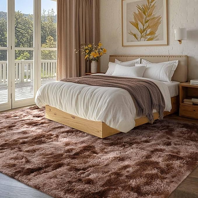 FinRèc 5x8 Feet Brown Rugs for Living Room Bedroom, Large Plush Fluffy Shag Area Rug, Non-Slip Fuzzy Furry Shaggy Rug for Kids Room Dorm Room Home Decor, High Pile Soft Floor Carpet