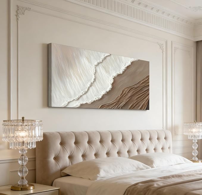 Kabcod 3D Textured Sand Beach Waves Wall Art Large Size White Brown Abstract Coastal Painting Artwork Ocean Wave Beach Landscape Oil Painting for Living Room Bedroom Decor 20X40in Ready To Hang