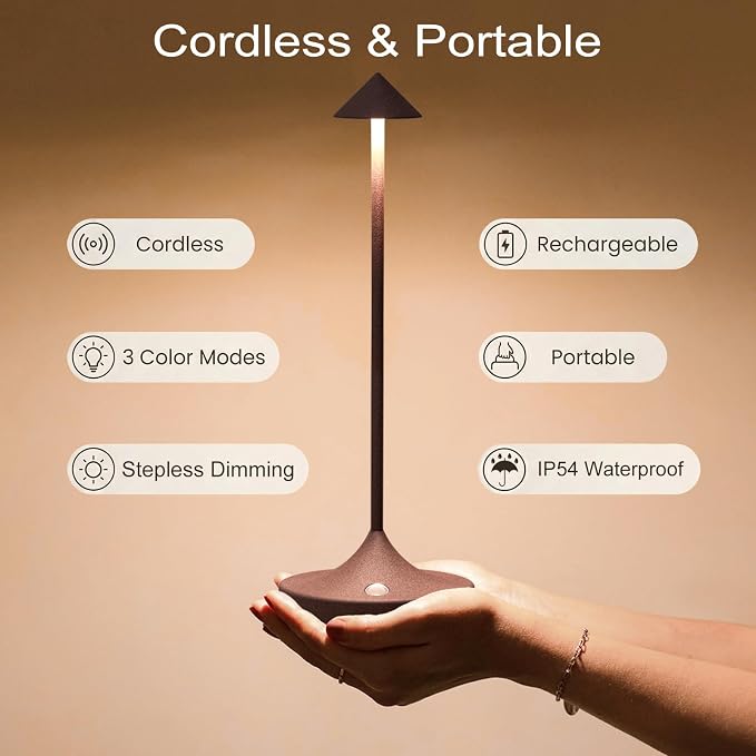 Rechargeable Cordless Table Lamp, Battery Operated LED Lamps | 3-Color Stepless Dimmable, Portable IP54 Waterproof Outdoor Lamps for Patio Dining Bar Home Office (2-Pack Rust)