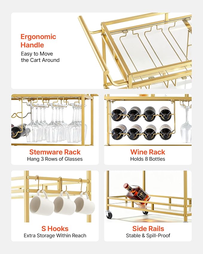 VEVOR Bar Cart, 3 Tiers Home Kitchen Serving Carts, Modern Rolling Utility Station on Wheels, Drink Beverage Trolley with Tempered Glass Shelves, Wine Rack, Glass Holder, for Living Dining Room, Gold