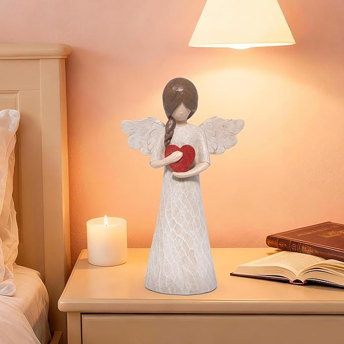 Hodao Angel Figurine with Heart — Wood-Carved Look Resin Christmas Decorations, Indoor Home Decor Ornaments, 8.5" Tall Guardian with Red Heart, Hand-Painted Figurines for Shelf, Mantel & Gift-Giving