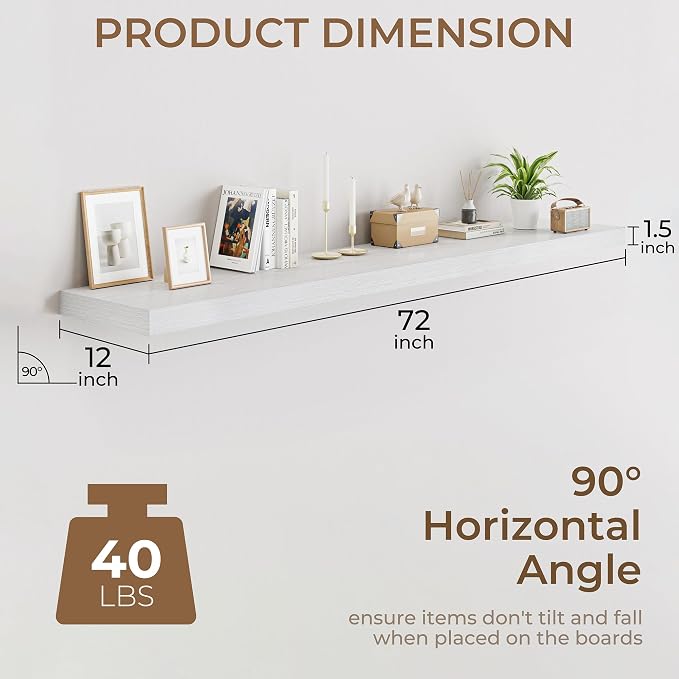 RICHFOCUS 72 Inch 12" D Floating Shelves for Wall 2 Pack Long Wall Shelves for Room Wall|Large Wood Hanging Shelf with Invisible Brackets for Bathroom Bedroom Kitchen Laundry Room, White