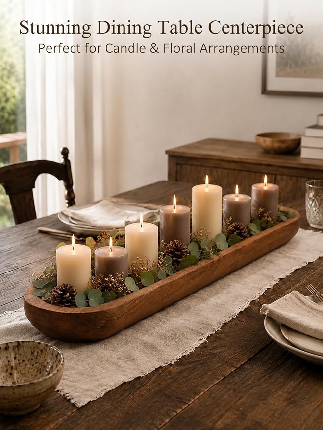 Wooden Dough Bowls for Decor Approx 29 Inch, Large Long Wooden Bowl | Hand Carved Rustic Farmhouse Extra Long Tray for Table Centerpiece, Living Room, Home Decor, Candle Bowl