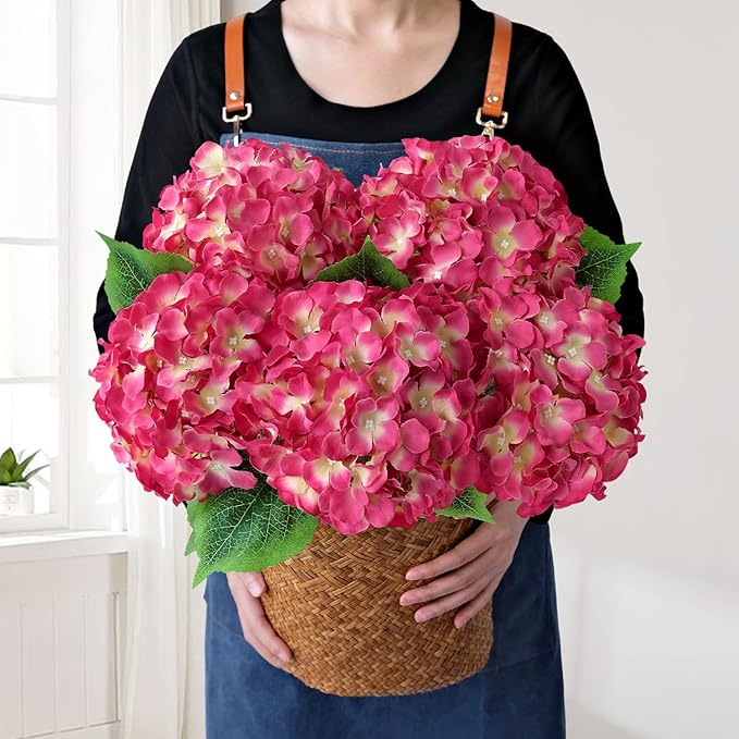 JINWOE Magenta Pink Hydrangea Artificial Flowers, 5Pcs 20Inch Large Lifelike Faux Pink Flowers, Full Fake Artificial Hydrangeas with Stems for Bouquet Table Centerpieces Home