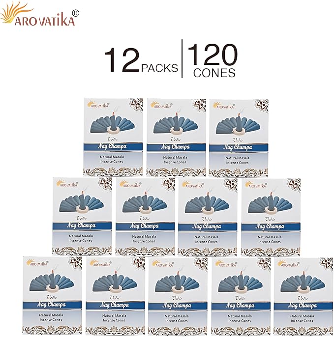 ARO VATIKA Vedic Nag Champa Natural Masala 120 Incense Cones in Pack of 12 Boxes | Environment-Friendly Dhoop | Best for Prayer, Reiki, Meditation & Relaxation | Burn time- 25 mins