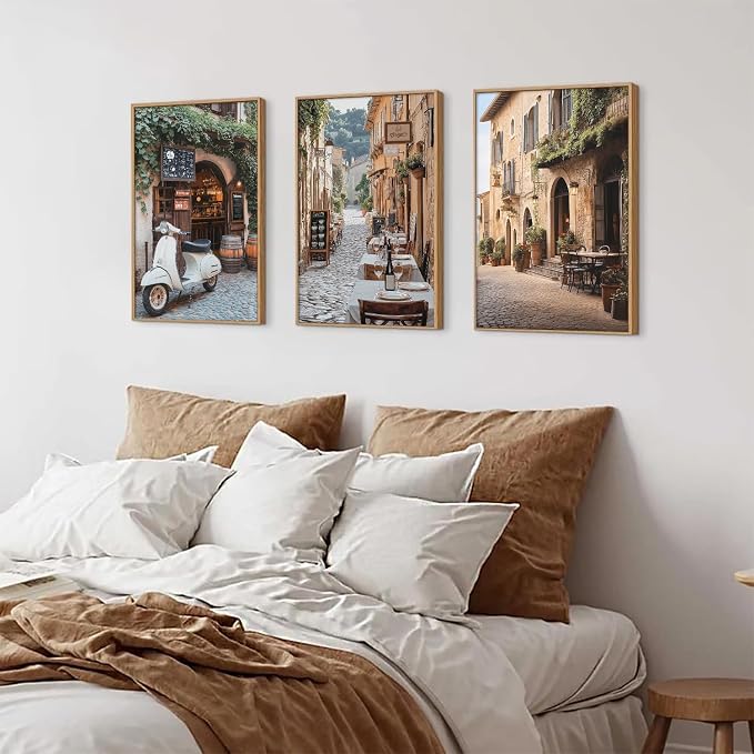 SIKERIC Vintage Italy City Landscape Wall Art Set of 3, Modern Minimalist Europe Street Framed Canvas Art Prints, Country Farmhouse Wall Decor for Living Room, Bedroom, Office - 16 x24inch