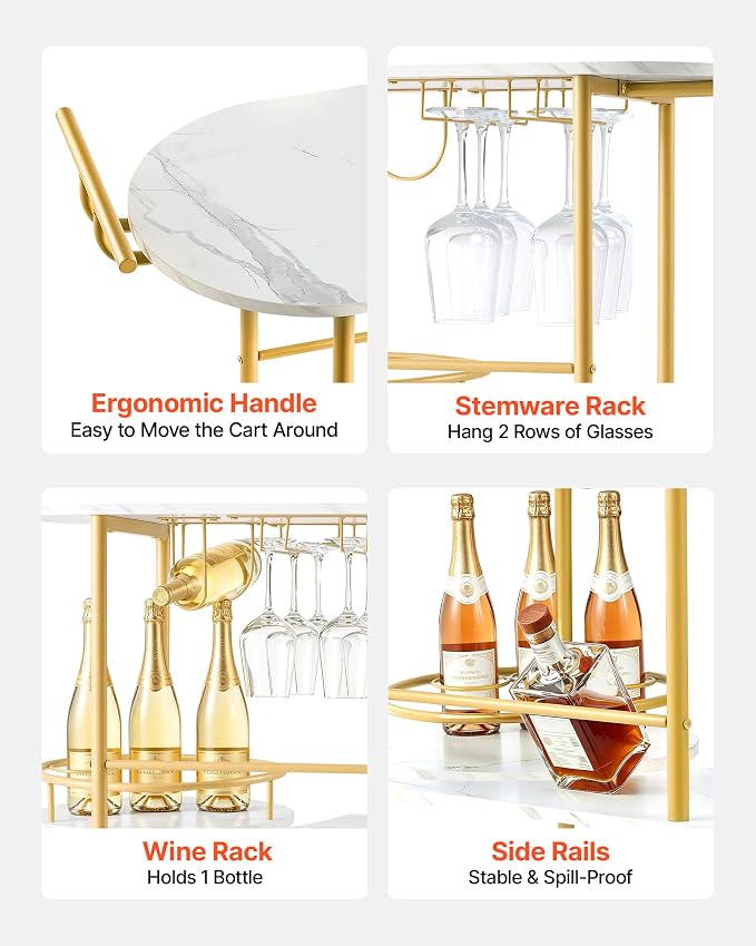 VEVOR Bar Cart, 3 Tiers Home Kitchen Serving Carts, Modern Round Rolling Utility Station on Wheels, Mobile Drink Beverage Trolley w/Wooden Shelf, Wine Rack, Glass Holder, for Living Dining Room, Gold