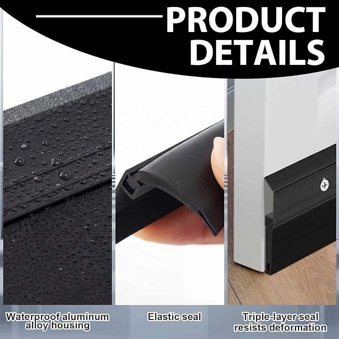 Hushee 4 Pack 36 Inches Metal Rubber Door Sweep, Double Rubber Seal Aluminum Door Sweep High Sealing Draft Stopper, Weatherproof Sound Insulation Indoor Outdoor Use for Residential Commercial (Black)