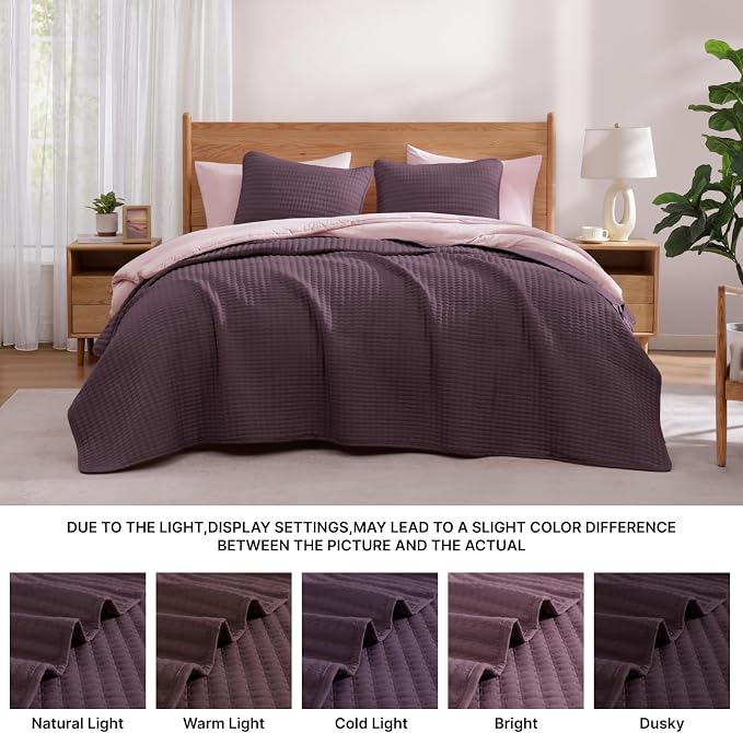 WRENSONGE King Size Quilt-3 Pieces Lightweight Italian Plum Bedspreads King Quilt Bedding Set for All Seasons, Soft Summer Coverlet with 2 Pillow Shams Suitable for Bed, Couch, Quilt Blanket