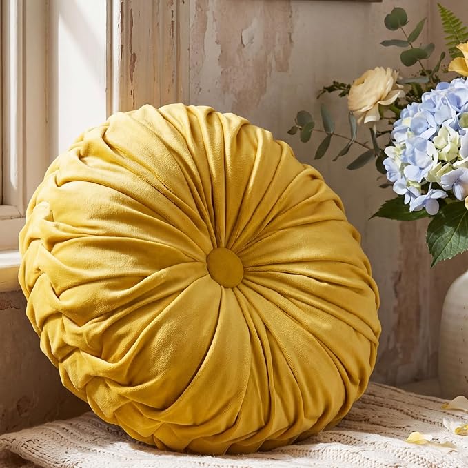Drydiet 1 Pcs Round Throw Velvet Pillows Decorative Pleated Throw Pillows Diameter Accent Pumpkin Boho Chair Cushion for Couch Sofa Home Decoration (Golden Mustard,15'')