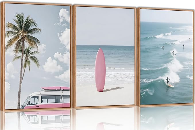 SIKERIC Large Beach Seascape Framed Canvas Wall Art Set of 3, Palm Tree Surfboard Wall Decor, Relax Summer Ocean Surfing Artwork, Modern Coastal Landscapel Art Print for Living Room, Bedroom -24x36