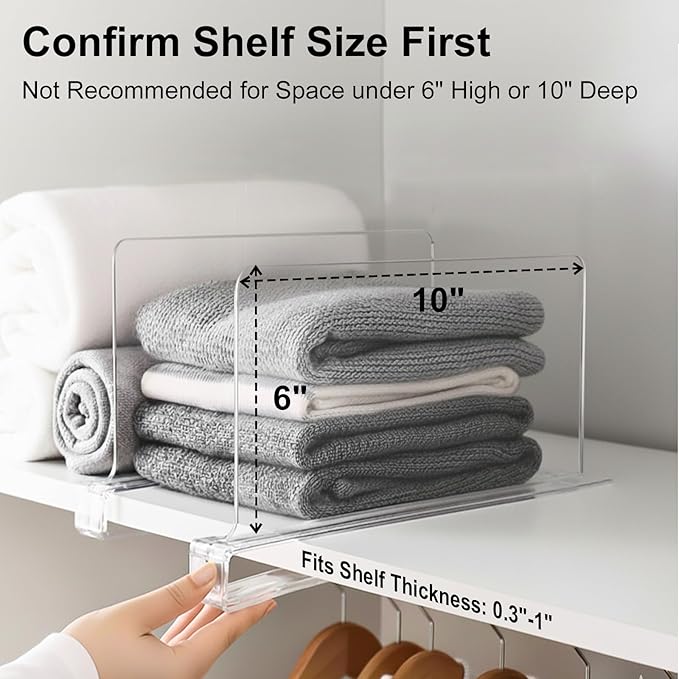 SortNStore Shelf Dividers Purse Organizer for Closet: 6-inch Tall(Shorter Version) Acrylic Handbag Organizer - Small Space Separator for Clutches Evening Bags Pouches Mini-Bags on Wood Shelves 8-Pack