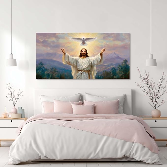 Ggaafet Jesus and Pigeon Wall Art for Living Room Canvas Oil Painting Prints Halo God Universal Love Spiritual Faith Art Deco Classic Artwork Office Bedroom Family Dining Room Decor Large