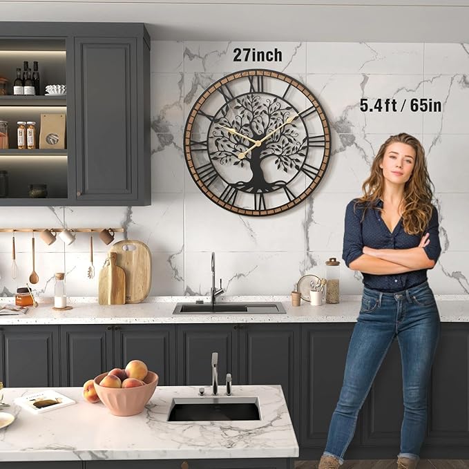 Micasso Rustic Large Wall Clock: 27Inch Farmhouse Tree of Life Metal with Wood Frame - Vintage Battery Operated Wall Clocks for Bedroom/Office/Living Room/Kitchen - Home Decor for Porfessional