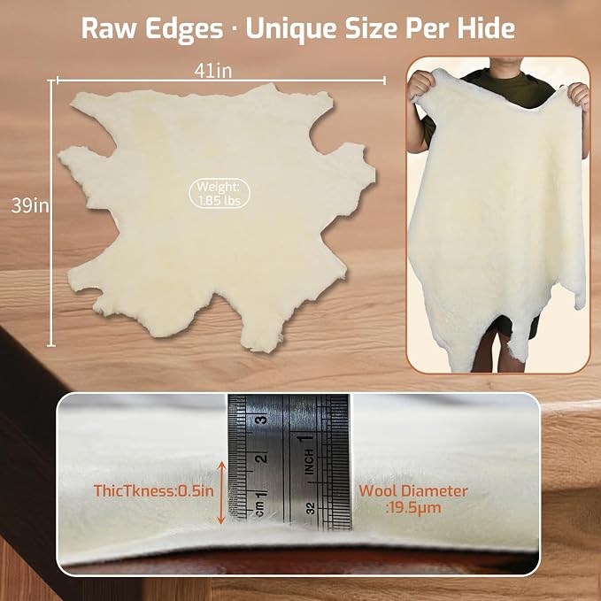 Aegis Cover Australian Merino Sheepskin Full Hide 8 Sq. Ft, 0.5" Lambs Wool Pile Crafting Material for Handmade Insoles, Slippers, Rugs, Pads, Craftsmanship and Upholstery (Cream)