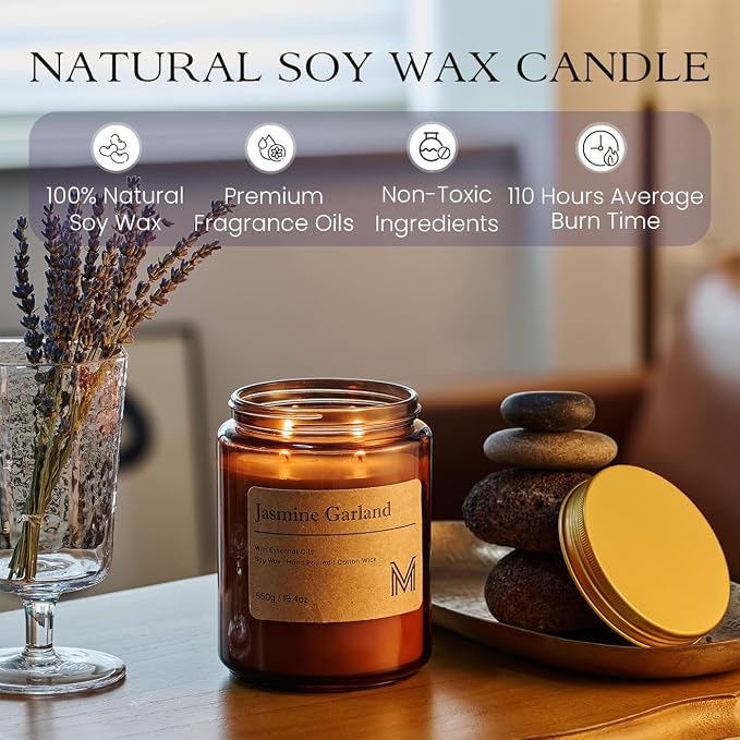 M&SENSE Jasmine Garland Scented Large Candle, 19.4oz Aromatherapy Candle for Home Fragrance, Natural Organic Soy Wax Long-Lasting for Stress Relief, Yoga, Gifting for Birthday, Housewarming