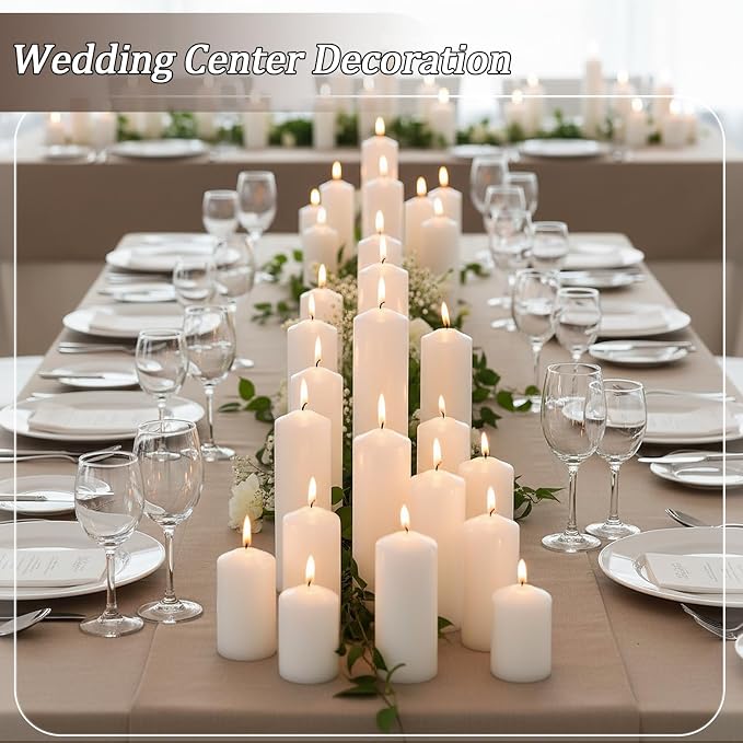 36 Pcs White Pillar Candles Bulk Set，3 Different Lengths 2 x 3/4/6 Inch (12 Each)，Hurricane Candles，Dripless Unscented Smokeless，Gives You a Better Atmosphere When Organizing an Event Party.