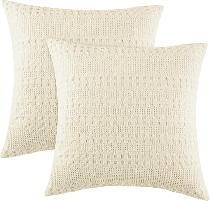 PHF Waffle Weave Euro Pillow Shams, 2 Pack 100% Cotton Pillow Covers 26x26 Inches for Decor, No Insert, Luxury Aesthetic Euro Pillow Cases for Bedroom Decor, Cannoli Cream