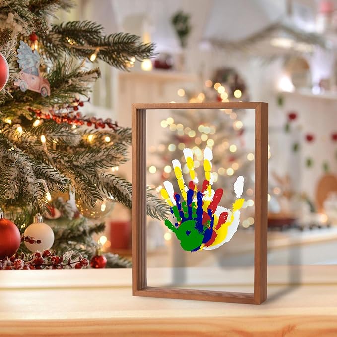 Family Handprint Kit - Gifts for New Parents, Adoption Gifts, Create Lasting DIY Craft Keepsake Wooden Frame -Includes 5 Paint Colors - Transparent Sheets (Brown)