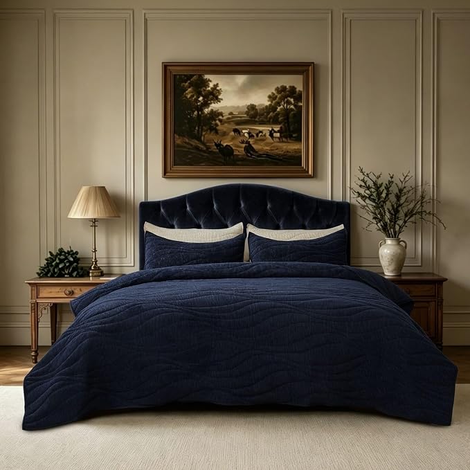 DOWN HOME Crinkle Textured Velvet Quilt Set with Shams, All-Season Luxury Modern Bedding,Easy Care Comforter,Ultra-Soft,Lightweight & Breathable, Queen, Imperial Blue