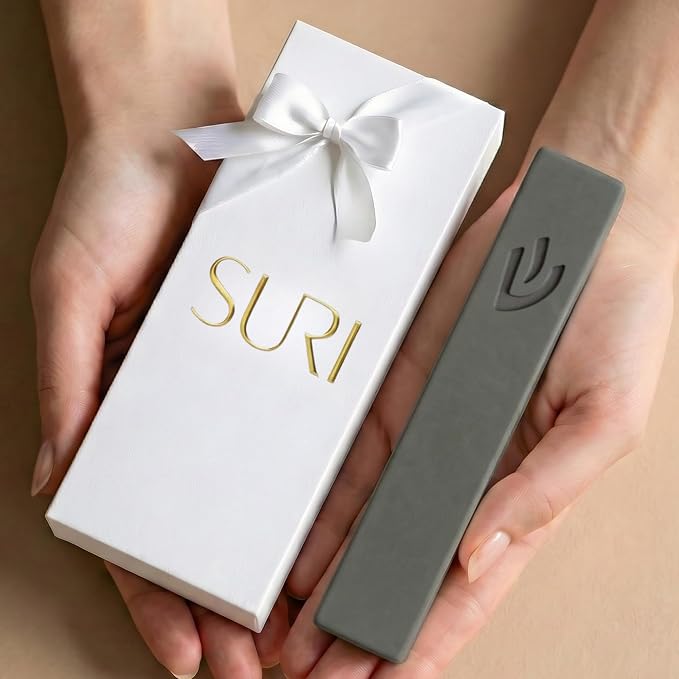SURI Mezuzah for Door – 7 Inch Dark Gray Concrete Mezuzah Case with Non Kosher Scroll, Self-Stick Jewish Entry Design, Fits a 6 Inch Scroll, Gift Box Included