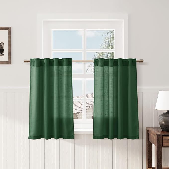 Green Linen Cafe Farmhouse Kitchen Curtains 36 Inch Length Linen Privacy Light Filtering Pleated Short Curtains with Rod Pocket Back Tab for Over Sink Cafe Bathroom Laundry Room 2 Panels 26Wx36L