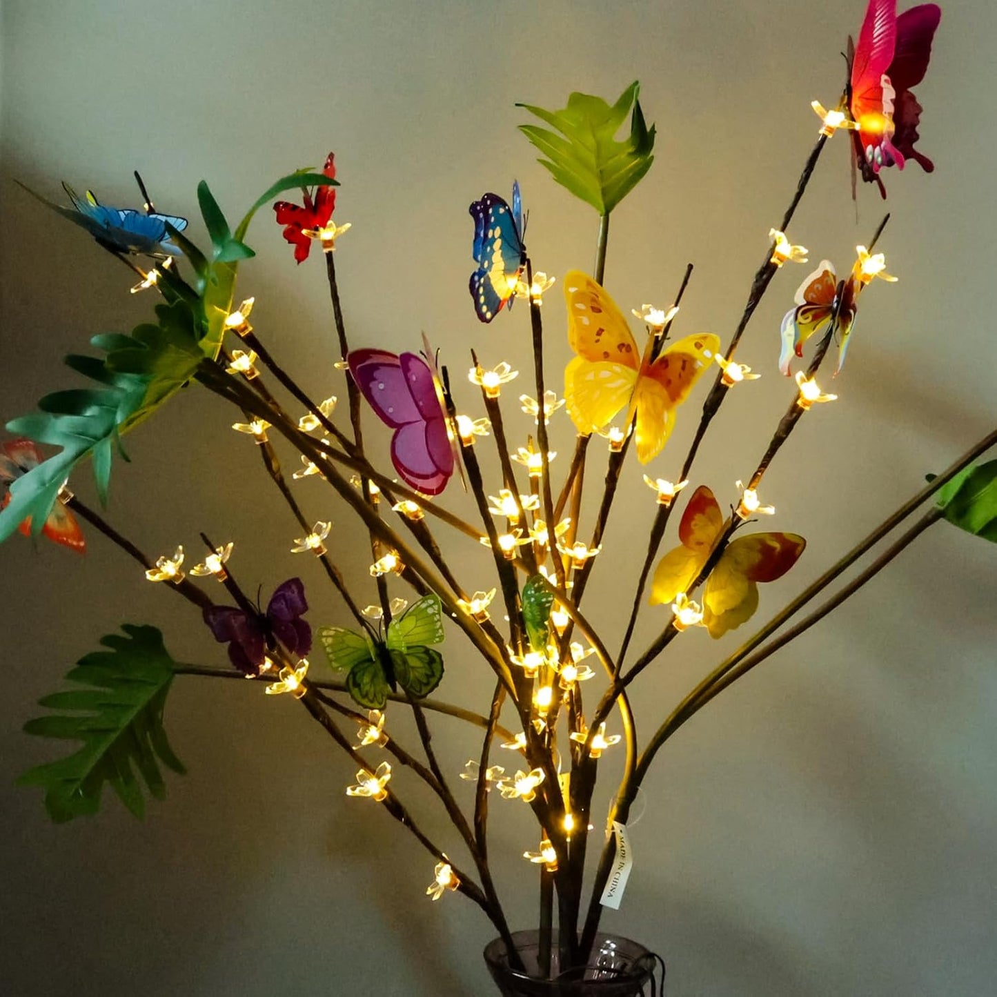 3 Pack Battery Lighted Branch Flowers Lights with 12 Colored 3D Butterfly Indoor Bedroom Decorations, Warm White 60 LED Artificial Cherry Blossom Twig Vase Filler Willow Tree Home Decor