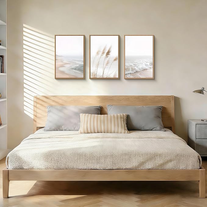 LHIUEM Large Neutral Coastal Reed Framed Canvas Wall Art,Modern Beach Natural Wall Decor,Boho Ocean Waves Picture,Minimalist Beige Seascape Artwork for Living Room,Bedroom,Dining Room -24"x36"x3