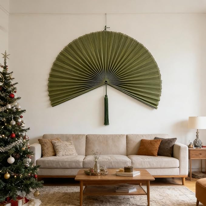 ChumDecor Fan Wall Decor, Japanese Giant Fan, Large Bamboo Fan Wall Art For Boho Hanging Headboard, Decorative Folding Fans For Over Bed, Asia Trending (Army Green 31inch)