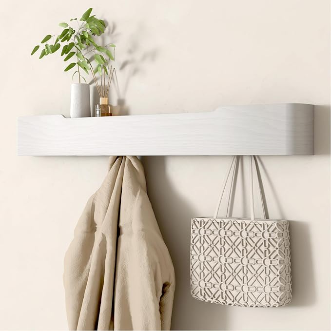 Wall Mounted Coat Rack with Shelf, Wooden Entryway Organizer with Hidden Metal Hooks for Hanging Coats Bags Keys, Modern Floating Shelf for Hallway Bathroom