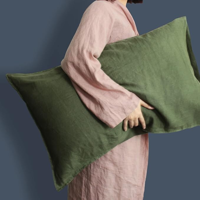 Linen Pillow Cases 100% French Natural Linen Pillowcase Set of 2-Stone Washed Moisture-Absorbing Linen Pillow Shams King Size(20''x40''),Olive Green