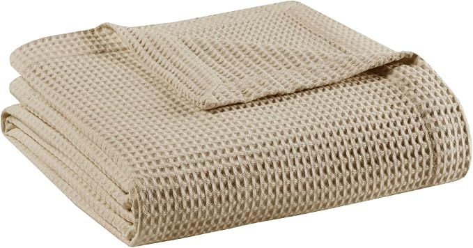 Madison Park 100% Cotton Blanket, Trendy Woven Waffle Weave Design, All Season, Lightweight, Breathable, Soft and Cozy Casual Summer Cover, for Bed, Couch and Sofa, Twin(66 in x 90 in), Khaki