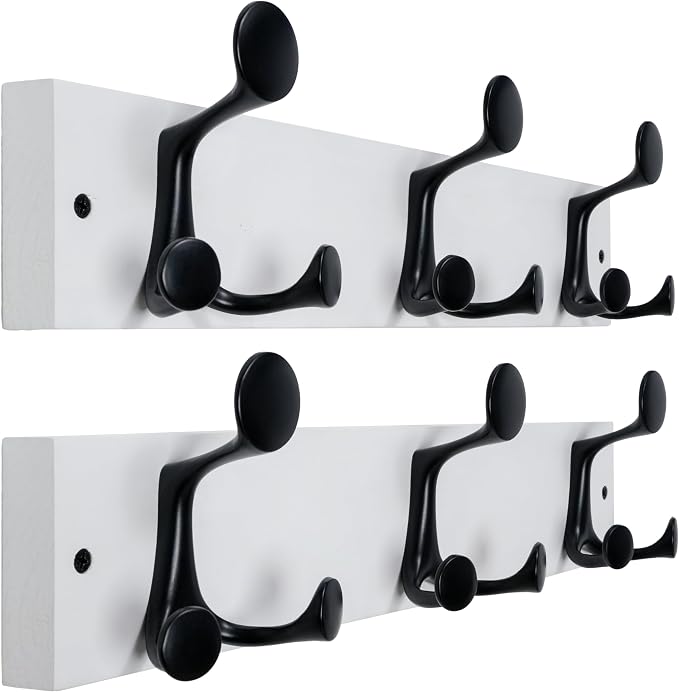 WEBI Coat Rack Wall Mount,17" Solid Wood Coat Hooks Wall Mounted Coat Hanger,16" Hole to Hole,Heavy Duty Hook Rack Rail,3 Triple Hooks for Hanging Coats,Jacket,Clothes,Hat,Backpack,White,2 Packs