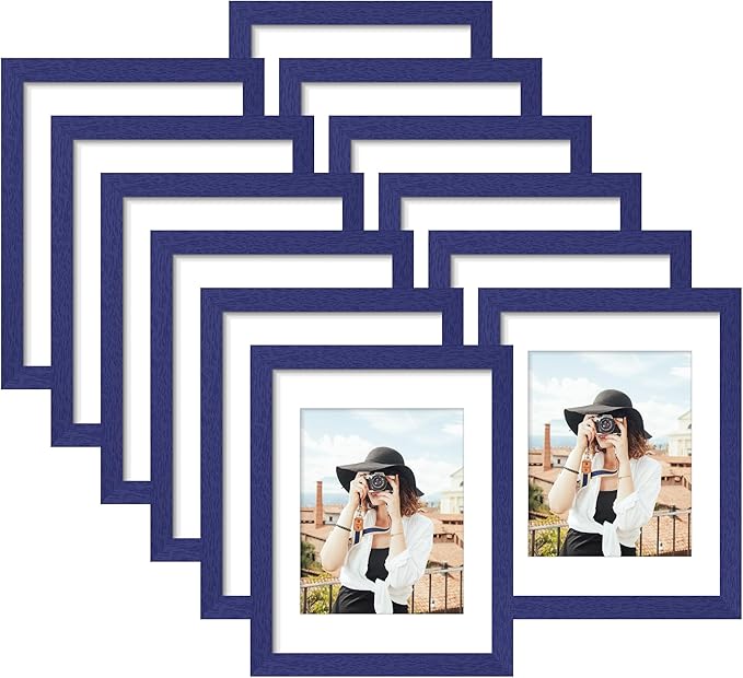 Picrit 8.5x11 Picture Frame Set of 12, Display 6x8 with Mat or 8.5 x 11 without Mat, Photo Frames for Wall Mounting or Table Top Display, Navy Blue