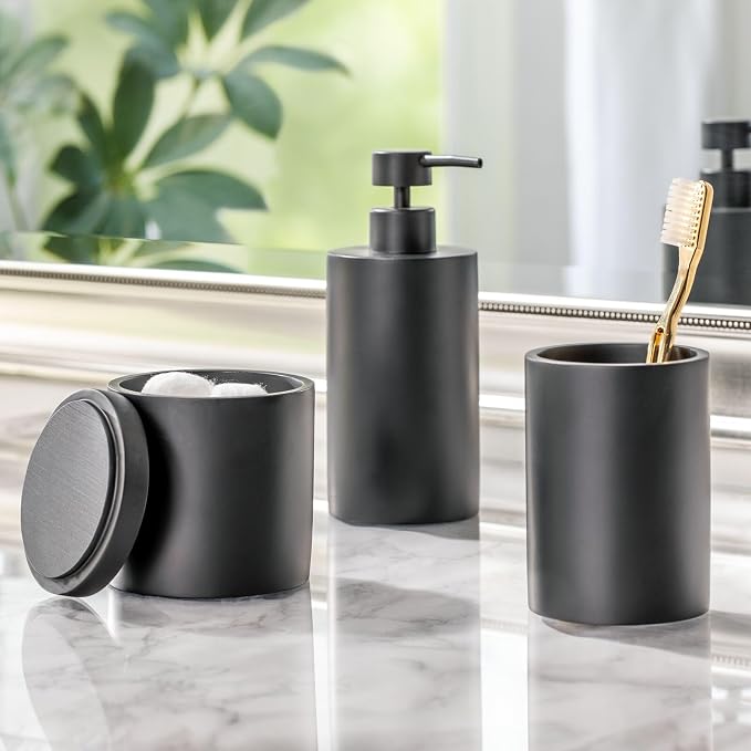 mDesign Resin 3-Piece Bathroom Vanity Countertop Accessories - Soap Dispenser, Tumbler Rinsing Cup, and Canister Holder Sets - Complete Modern Counter Aesthetic - Set of 3 - Black