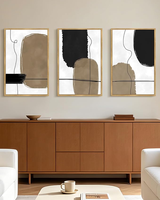 PHOPAGO Abstract Framed Wall Art Large 16x24in Neutral Beige Mid Century Textured Artwork Black Minimalist Line Modern Illustrations Prints Home Decor - Natural Framed