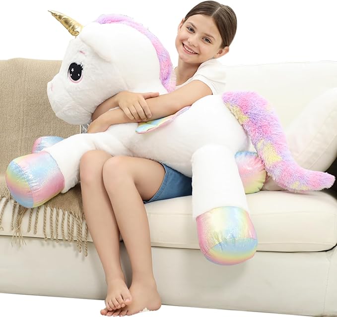 FFxiong 44 Inch Giant Unicorn Stuffed Animal Pillow, Cute Soft Big Unicorn with Rainbow Wings Large Plush Toy, Gifts for Girlfriend Girls Boys Kids Birthday Valentines Christmas