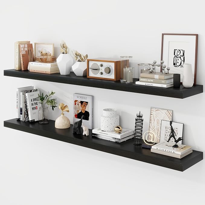 Acovy 55 Inch Floating Shelves, 9.3" Deep Floating Shelf Wall Mounted, 56" Wall Shelves, Rustic Deep Bookshelf, Large Display Shelves & Storage Shelves for Bedroom, Living Room, Black, Set of 2