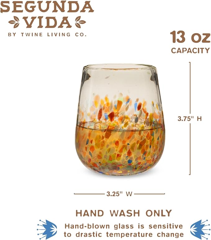Segunda Vida Artistico Hand Blown Stemless Wine Glasses, Recycled Drinking Glasses with Rainbow Speckled Pattern, Mexican Glassware for Wedding Gifts, Housewarming, Cocktail Party, 13 oz Set of 2