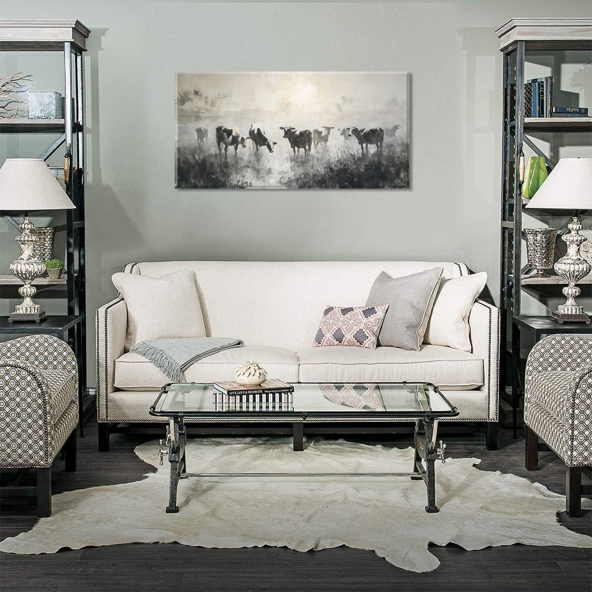 LASMOND Black and White Cow Wall Art for Living Room Ink Wash Canvas Painting Prints Morning Cattle Vintage Country Farmhouse Artwork Bedroom Office Decor (30x16 Inches)